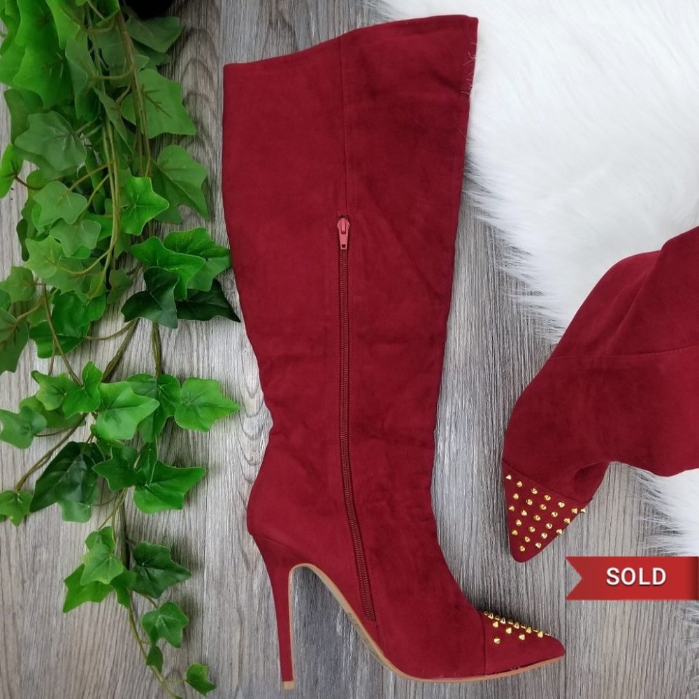 Shoe Dazzle Spike Stud Stiletto Heel Knee High Boots Size 9.5 Burgundy - Picture 1 of 10